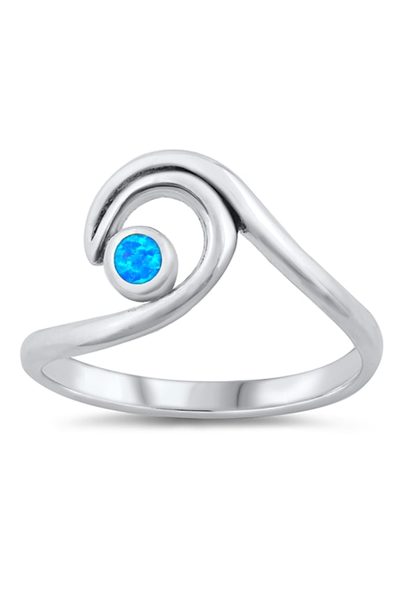 Round Blue Simulated Opal Surfing Wave Ring Sterling Silver Size 7