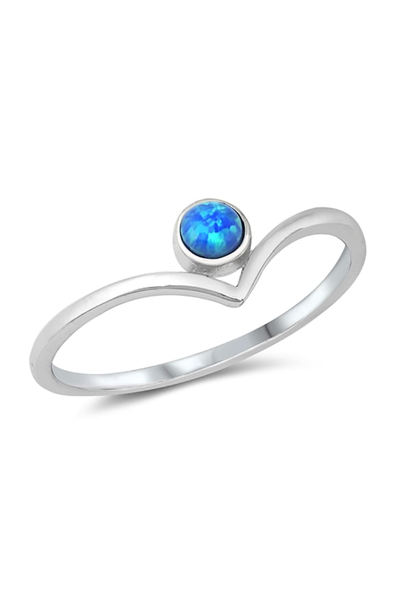 Round Blue Simulated Opal V Shape Design Ring Sterling Silver Size 4