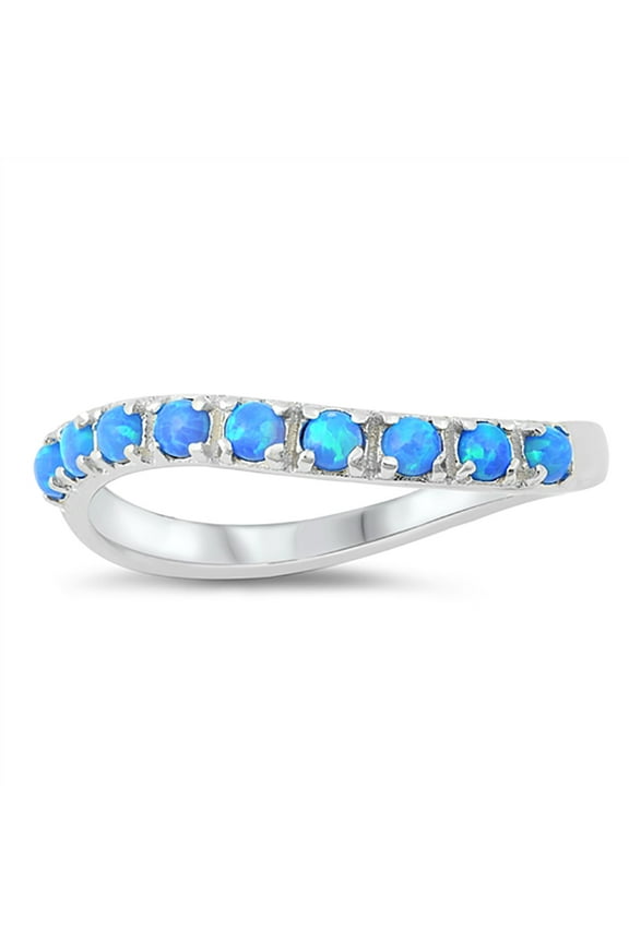 Round Blue Simulated Opal Wavy Band Adjustable Ring Sterling Silver Size 9