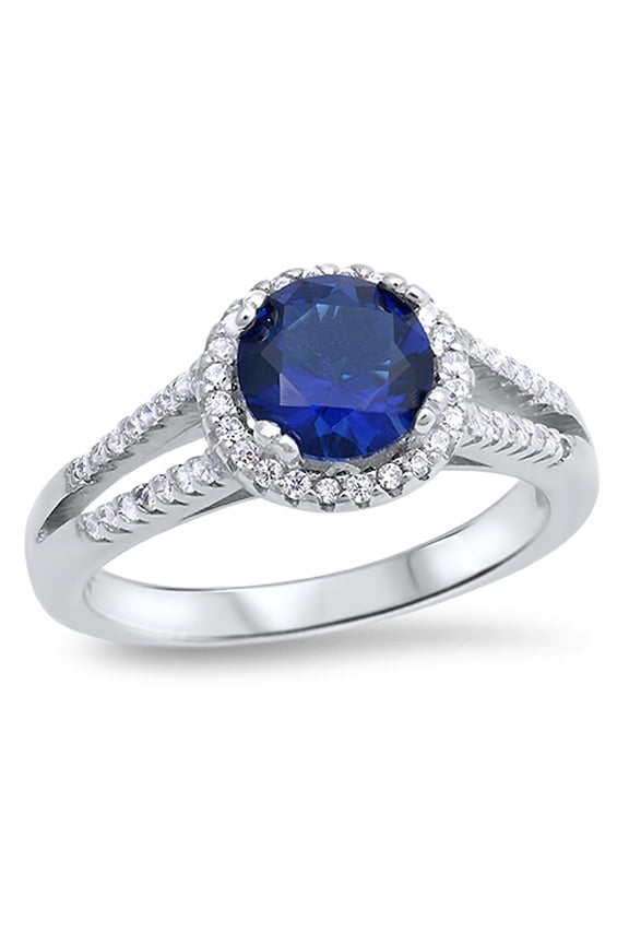 Round Blue Simulated Sapphire Halo Ring .925 Sterling Silver Band CZ Jewelry Female Size 5