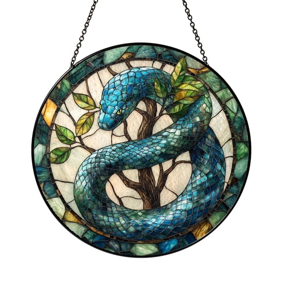 Round Blue Snake Window Suncatcher, Stained Glass Style Wildlife Panel, Nature Inspired Artistic Decor Gift