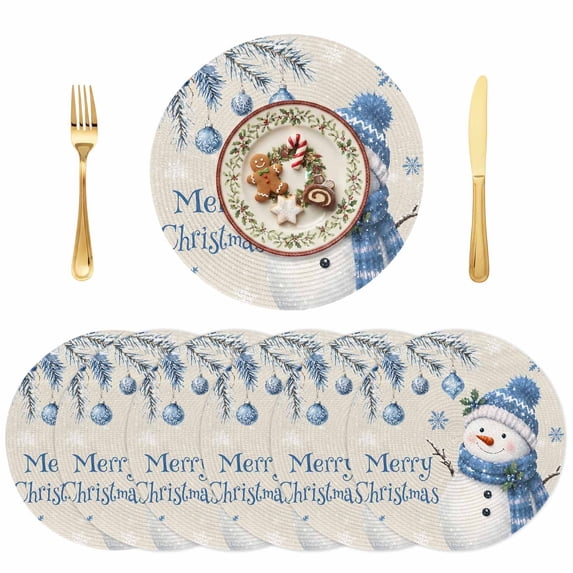 Round Blue Snowman Christmas Placemats Set of 6, 15 Inch PP Woven Place ...