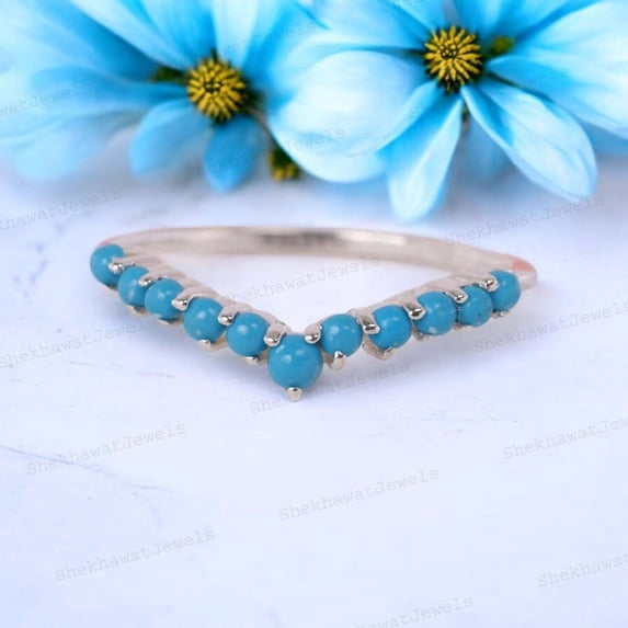 Round Blue Turquoise Curved wedding band Unique White gold Engagement Proposal band For women vintage wedding ring Bridal Stacking Matching promise gift for her