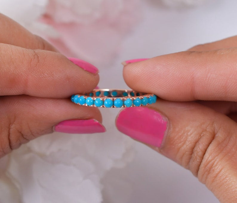 Round Blue Turquoise Full Eternity Band, Engagement Bridal Ring ...