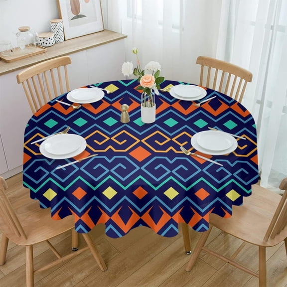 Round Bohemia Tablecloth Waterproof 60 in, Multicolors Abstract Geometric Rhombus Table Cloth Cover for Fall Baby Shower Christmas Wedding Party