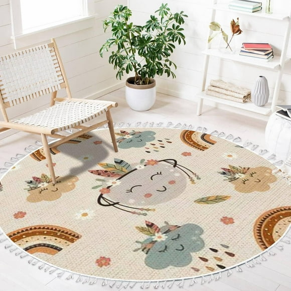 Round Boho Area Rug Tribal Planet Rainbow Cloud Carpet with Tassels Meditation Rug Washable Hallway Floor Mat Runner Rugs for Bedroom Bathroom Playroom Nursery Decor 4 ft