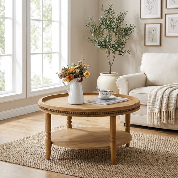 Round Boho Coffee Table with Storage Shelf - 31.3" Accent Table with Beaded Trim