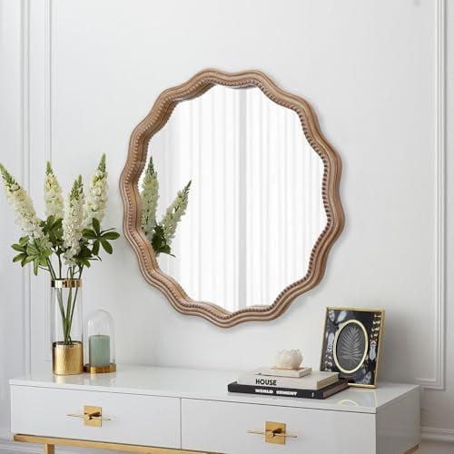 Round Boho Wall Mirror with Wood Beads, 23.62 Inch Scalloped Edge Decorative Mirror for Living Room, Bedroom, Bathroom$$Electronics Accessories