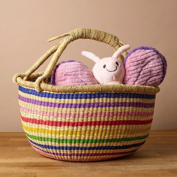 Round Bolga Basket with Handles, Stripes, 16 Inch Wide (Multicolor)