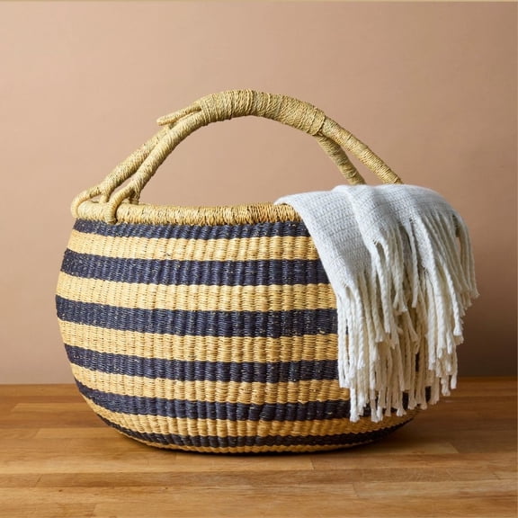 Round Bolga Basket with Handles, Stripes, 16 Inch Wide (Navy)