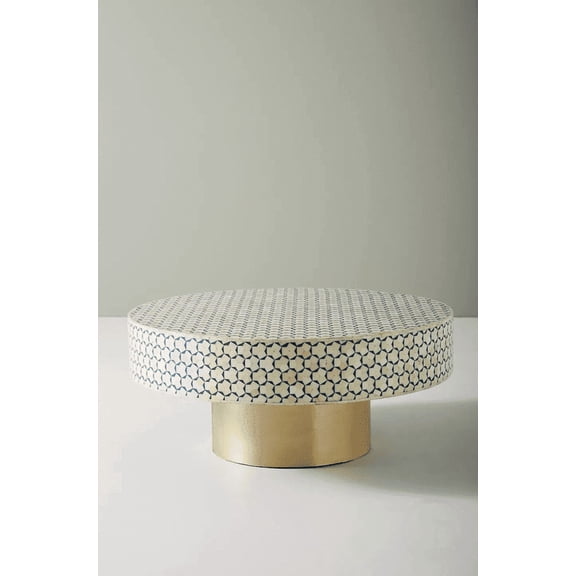 Round Bone Inlay Coffee Table Ivory Navy Floral Mosaic Handmade Moorish Accent Table