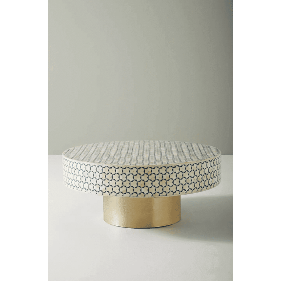 Round Bone Inlay Coffee Table – Ivory & Navy Floral Mosaic Pattern, Handmade Moorish Accent Table