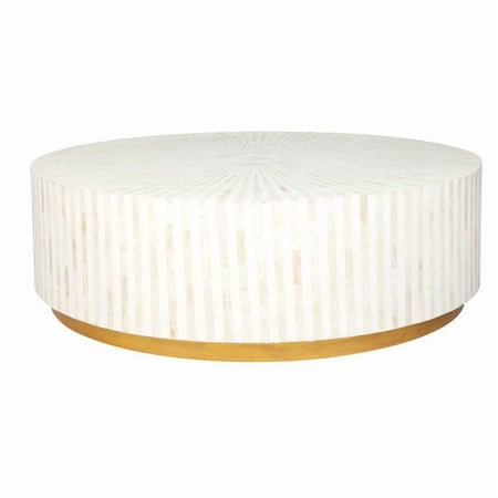 Rudraksha Corporation Round Bone Inlay Coffee Table. It features an ivory and navy star motif and a Moroccan mosaic design.
