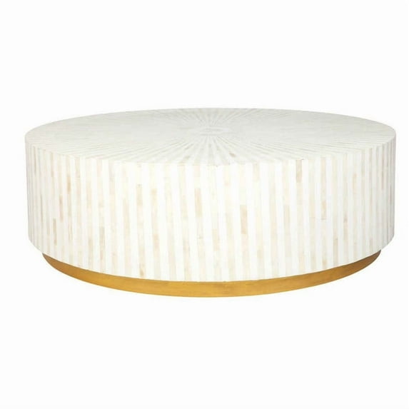 Rudraksha Corporation Round Bone Inlay Coffee Table. It features an ivory and navy star motif and a Moroccan mosaic design.