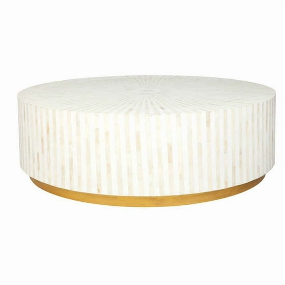 Rudraksha Corporation Round Bone Inlay Coffee Table. It features an ivory and navy star motif and a Moroccan mosaic design.