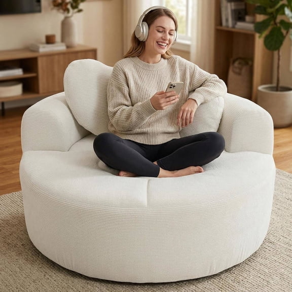 Round Boneless Chair Lounger Indoor, Circle Couch with 2 Pillows for Living Room, Cozy Cuddle Chair in a Box with Curved Armrest and Backrest, Heart Shaped, No Assembly Needed (Beige)