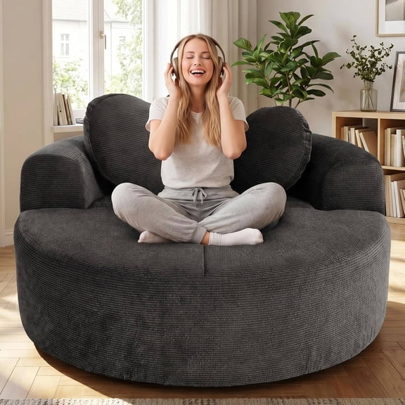 Round Boneless Chair Lounger Indoor, Circle Couch With 2 Pillows for Living Room, Cozy Cuddle Chair In a Box With Curved Armrest And Backrest, Heart Shaped, No Assembly Needed (Gray/Black)