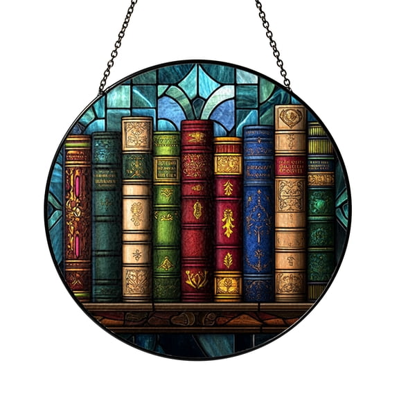 Round Book Display Suncatcher, Stained Glass Style Library Window Panel, Reading Room Decor Gift