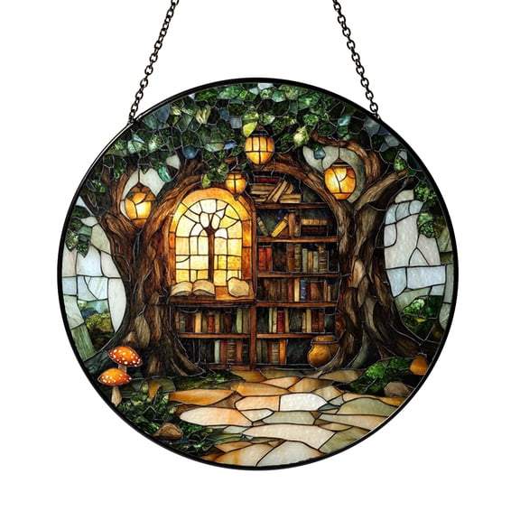 Round Book Nook Suncatcher, Stained Glass Style Library Window Panel with Mushrooms and Lanterns, Literary Home Decor Gift