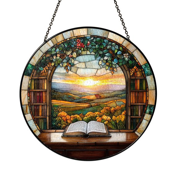 Round Book Suncatcher, Stained Glass Style Open Page Window Panel, Decorative Home Accent Gift