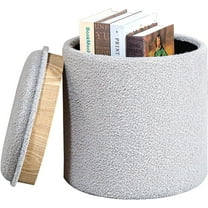 Round Boucle Ottoman with Tray, Storage Teddy Velvet Footstool Ottoman Cube for Living Room, Bedroom, Dorm 13.4"x13.4"x15" (Grey)