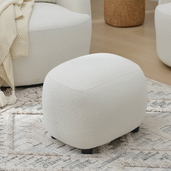 Round Boucle Upholstered Ottoman Chair, Footstool with Soft Padded Seat, Fully Assembled Modern Sofa Couch Footrest, Extra Seating for Bedroom Entryway, Beige(18.5" D x 23" W x 16.5" H)