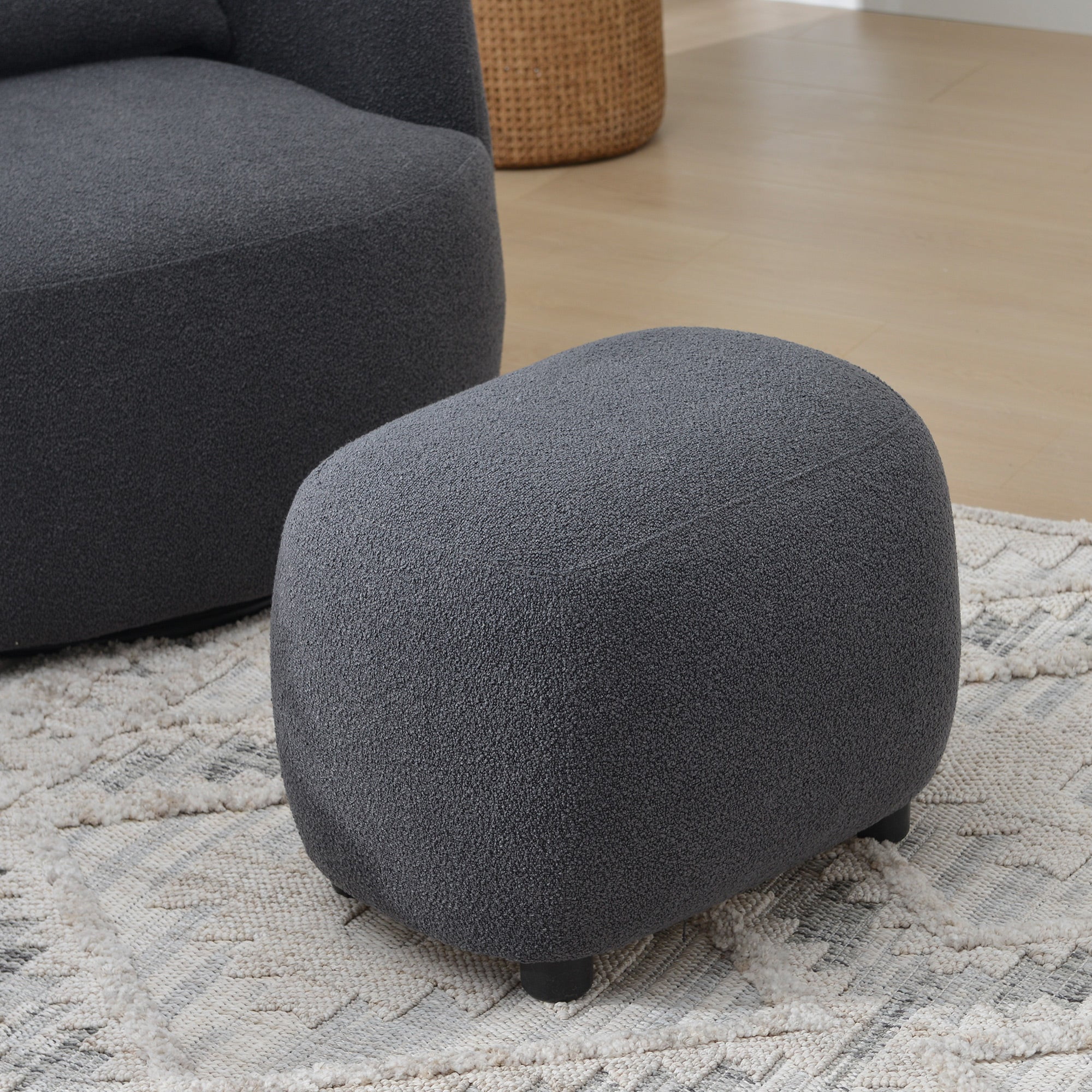Round Boucle Upholstered Ottoman Chair, Footstool with Soft Padded