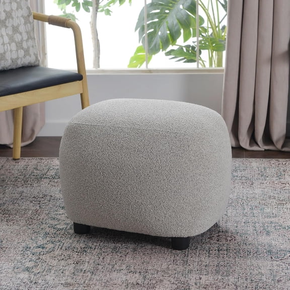 Round Boucle Upholstered Ottoman Chair, Footstool with Soft Padded Seat, Fully Assembled Modern Sofa Couch Footrest, Extra Seating for Bedroom Entryway, Taupe(18.5" D x 23" W x 16.5" H)