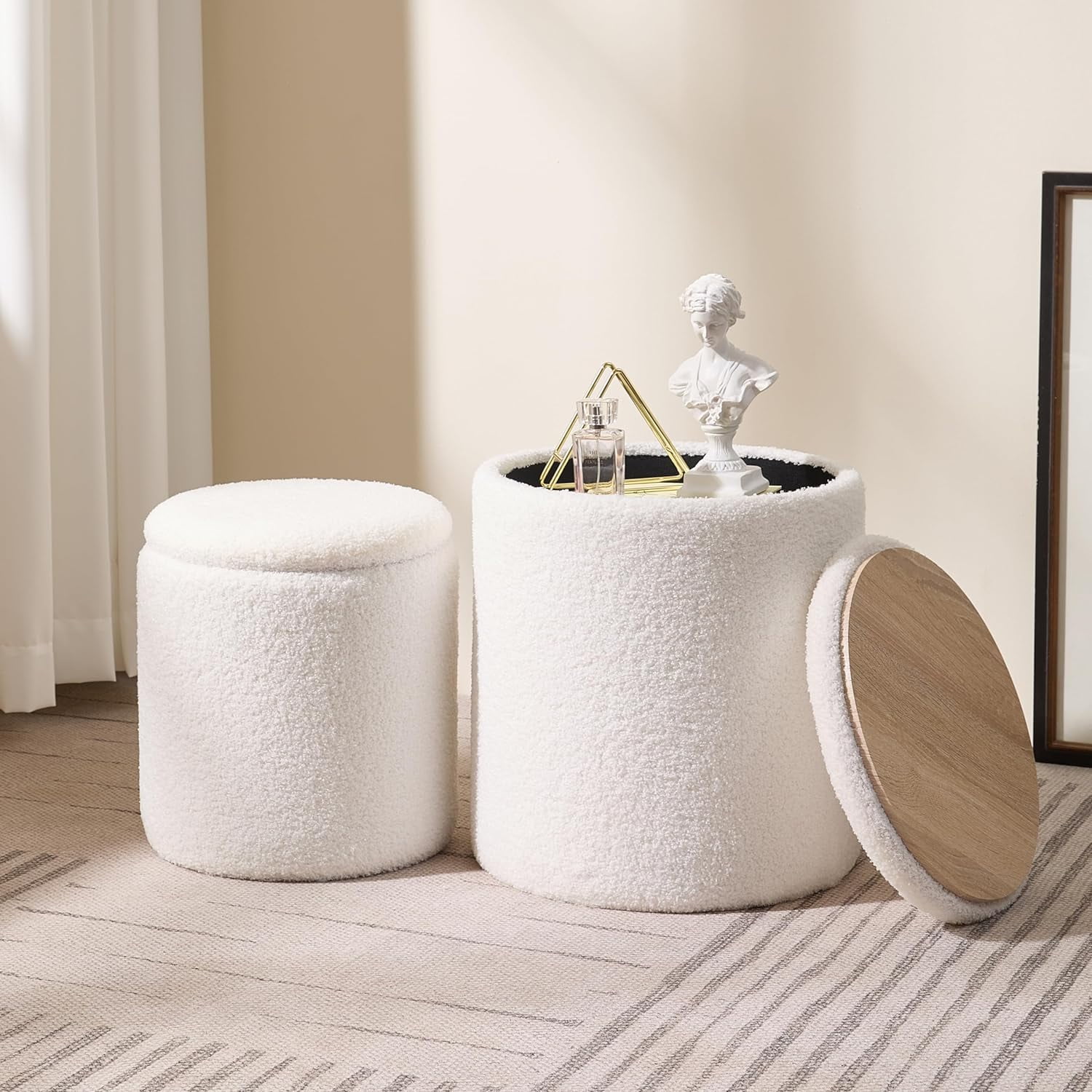 Round Boucle Upholstered Ottoman with Storage Set of 2 Vanity Stool Foot Rest with Removable Lid White Tall Ottomans Chair for Living Room Pouf