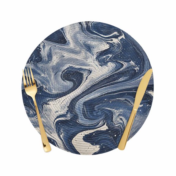 Round Braided Placemats Set of 1, Impressionist Style Non-Slip Place Mats for Dining Table Woven Washable Table Mats 13 inch Blue White Blurred Abstract Wash for Kitchen Decoration