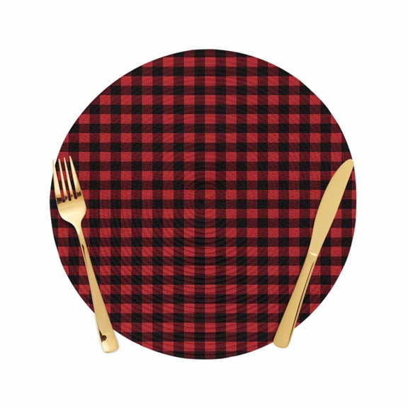 Round Braided Placemats Set of 1, Red and Black Buffalo Check Plaid Non-Slip Place Mats for Dining Table Woven Washable Table Mats 13 inch Lattice Classic Black Red for Kitchen Decoration