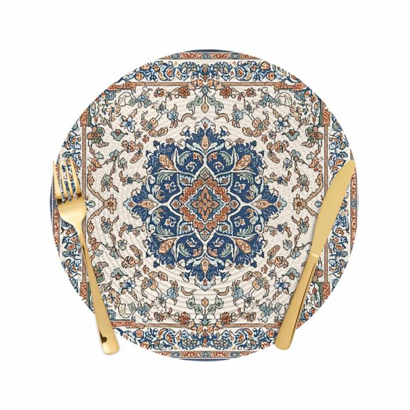 Round Braided Placemats Set of 1, Vintage Ethnic Floral Non-Slip Place Mats for Dining Table Woven Washable Table Mats 13 inch Retro Navy Classical Bohemian Style for Kitchen Decoration