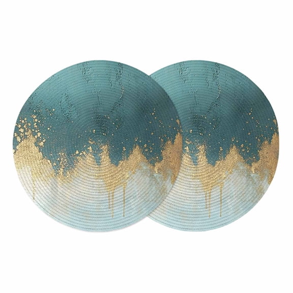 Round Braided Placemats Set of 2, Abstract Gradient Teal Gold Non-Slip Place Mats for Dining Table Woven Washable Table Mats 13 inch Shinny Gold Geometric for Kitchen Decoration