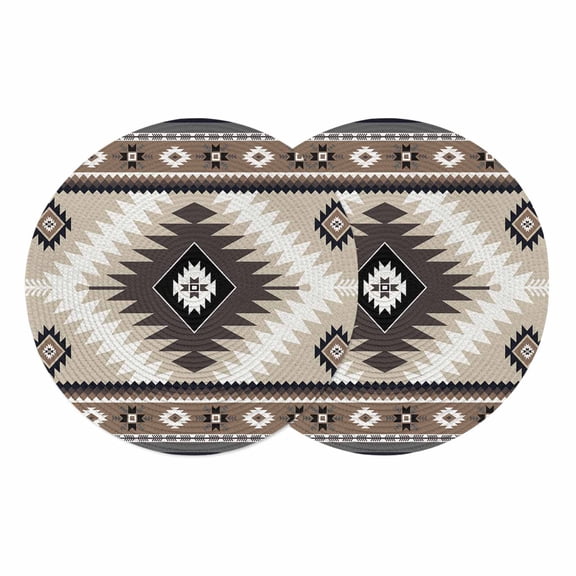 Round Braided Placemats Set of 2, Aztec Southwestern Non-Slip Place Mats for Dining Table Woven Washable Table Mats 13 inch Ethnic Tribal Style Geometric Brown for Kitchen Decoration
