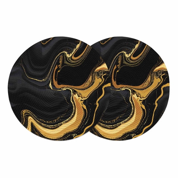 Round Braided Placemats Set of 2, Black Gold Non-Slip Place Mats for Dining Table Woven Washable Table Mats 13 inch Marble Luxury Abstract Abstract Fluid Texture for Kitchen Decoration