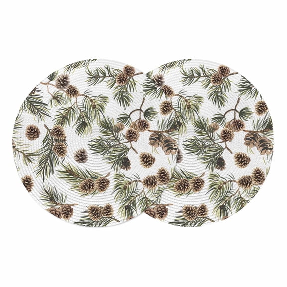 Round Braided Placemats Set of 2, Brown Pine Cones Non-Slip Place Mats for Dining Table Woven Washable Table Mats 13 inch Green Leaves Branch Plant White for Kitchen Decoration