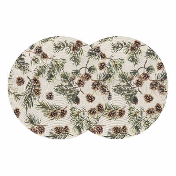 Round Braided Placemats Set of 2, Brown Pine Cones Non-Slip Place Mats for Dining Table Woven Washable Table Mats 13 inch Green Leaves Branch Vintage Linen for Kitchen Decoration