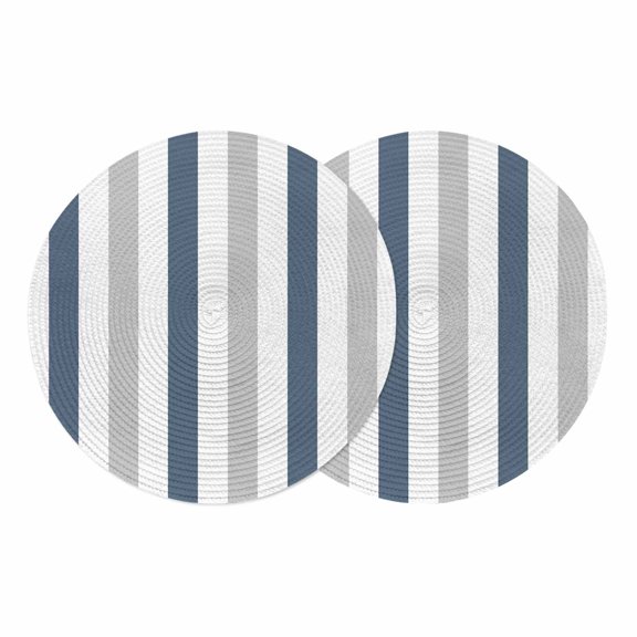 Round Braided Placemats Set of 2, Haze Blue Grey Striped Non-Slip Place Mats for Dining Table Woven Washable Table Mats 13 inch Modern for Kitchen Decoration