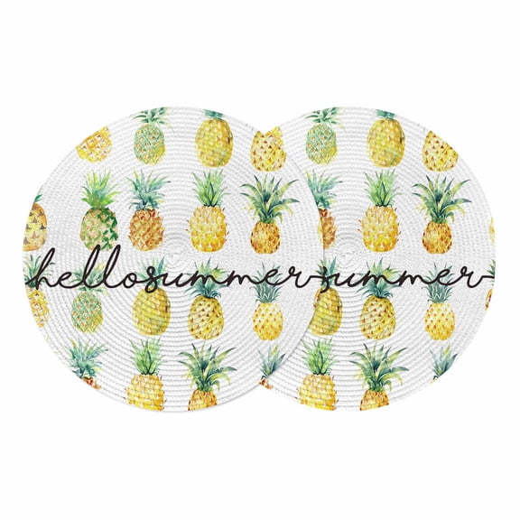 Round Braided Placemats Set of 2, Hello Summer Non-Slip Place Mats for Dining Table Woven Washable Table Mats 13 inch Yellow Pineapple for Kitchen Decoration