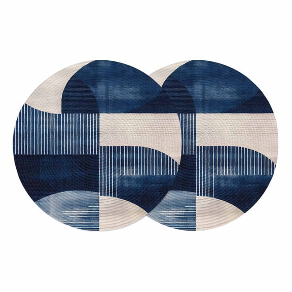 Round Braided Placemats Set of 2, Minimalist Art Non-Slip Place Mats for Dining Table Woven Washable Table Mats 13 inch Blue Toned Circular Color Block for Kitchen Decoration