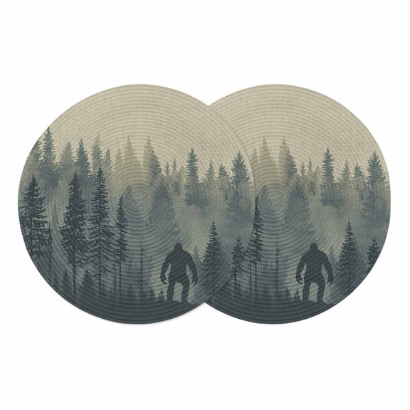 Round Braided Placemats Set of 2, Mysterious Misty Non-Slip Place Mats for Dining Table Woven Washable Table Mats 13 inch Forest Bigfoot Monster for Kitchen Decoration