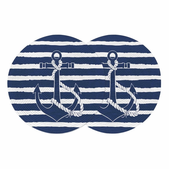 Round Braided Placemats Set of 2, Nautical Non-Slip Place Mats for Dining Table Woven Washable Table Mats 13 inch Navy Blue and White Striped Retro Anchor for Kitchen Decoration