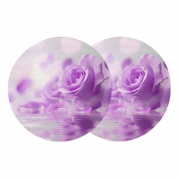 Round Braided Placemats Set of 2, Purple Rose Non-Slip Place Mats for Dining Table Woven Washable Table Mats 13 inch Floral Reflection for Kitchen Decoration