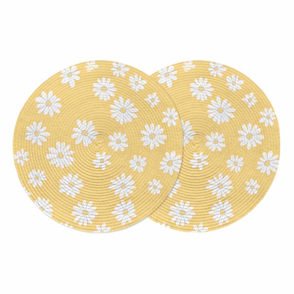 Round Braided Placemats Set of 2, Retro Daisy Non-Slip Place Mats for Dining Table Woven Washable Table Mats 13 inch White Floral Yellow Backdrop for Kitchen Decoration