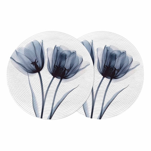 Round Braided Placemats Set of 2, Spring X-ray Non-Slip Place Mats for Dining Table Woven Washable Table Mats 13 inch Image of Black Tulip Flower for Kitchen Decoration