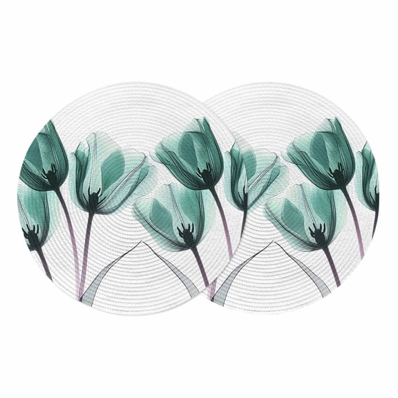 Round Braided Placemats Set of 2, Spring X-ray Non-Slip Place Mats for Dining Table Woven Washable Table Mats 13 inch Image of Teal Tulips Floral Leaf for Kitchen Decoration