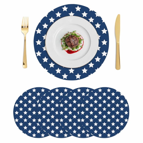 Round Braided Placemats Set of 4, 4th of Non-Slip Place Mats for Dining Table Woven Washable Table Mats 13 inch July Patriotic Independence Day USA Flag Star Blue for Kitchen Decoration