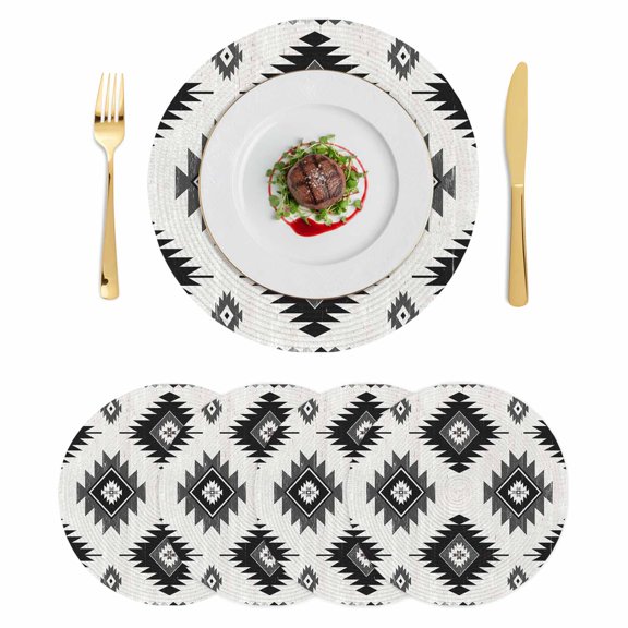 Round Braided Placemats Set of 4, Black Grey Non-Slip Place Mats for Dining Table Woven Washable Table Mats 15 inch Aztec Ethnic Southwestern Native Geometric for Kitchen Decoration