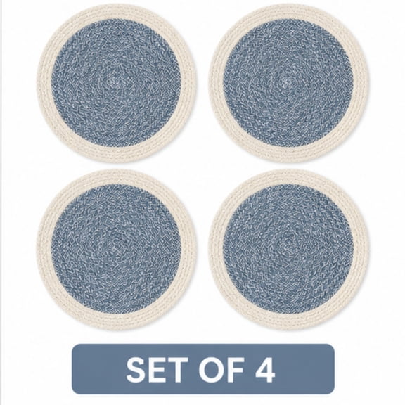 Round Braided Placemats Set of 4, Heat Resistant Dining Table Mats for Kitchen and Coffee Table, Washable Woven Place Mats for Home Dining Decor, Blue and Beige Design
