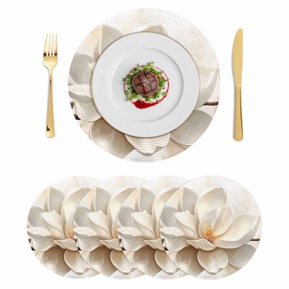 Round Braided Placemats Set of 4, Retro Magnolia Non-Slip Place Mats for Dining Table Woven Washable Table Mats 15 inch White Floral for Kitchen Decoration